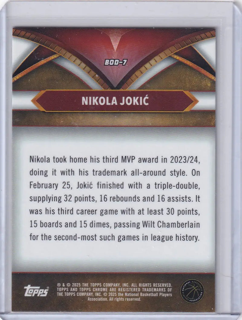 Nikola Jokić basketball card from 2024-25 Topps Chrome Ball of Duty Green series