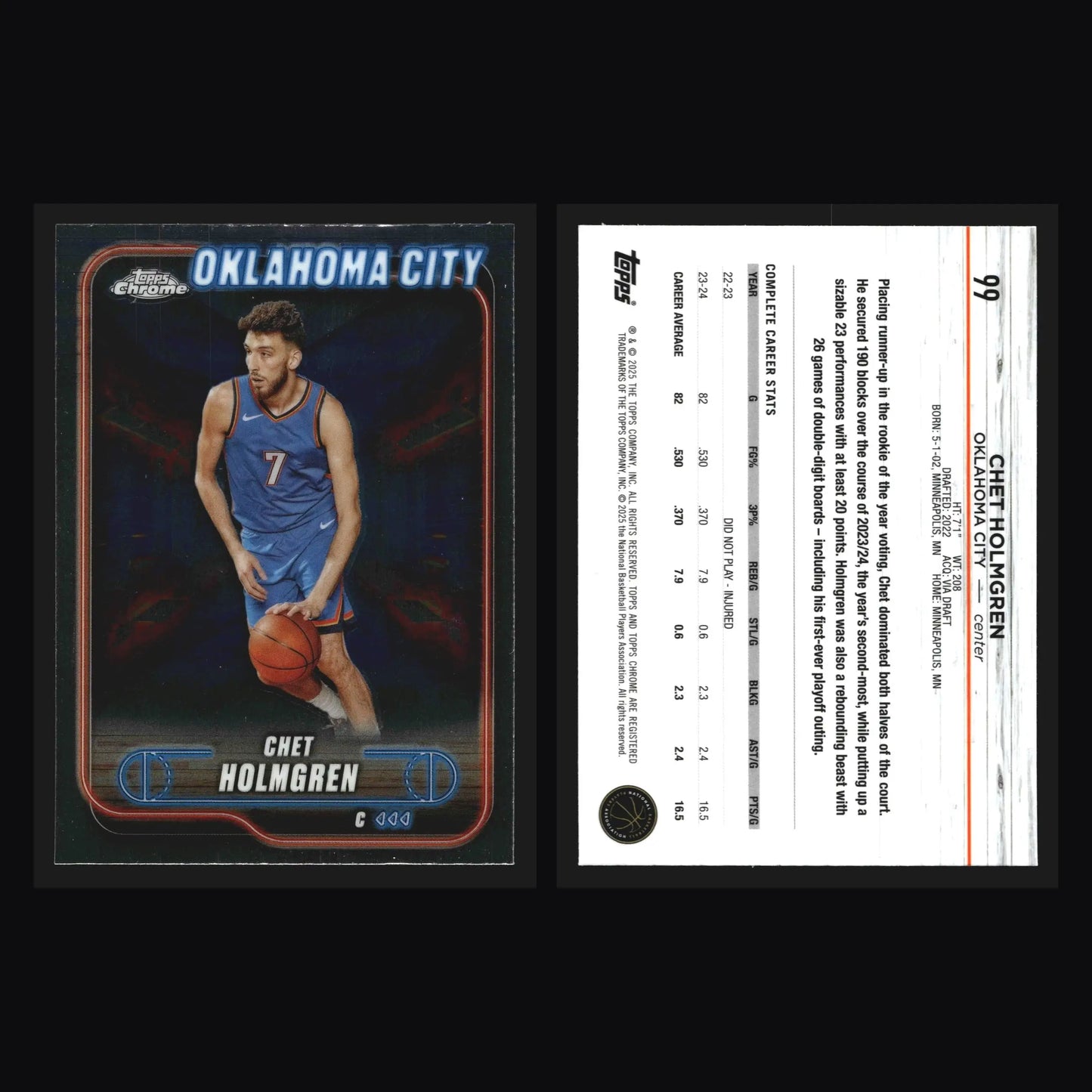 2024-25 Topps Chrome Chet Holmgren #99 Oklahoma City Thunder - Basketball Card Single
