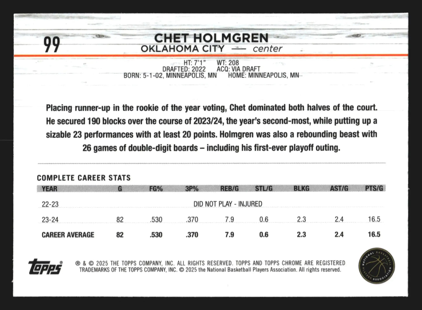 2024-25 Topps Chrome Chet Holmgren #99 Oklahoma City Thunder - Basketball Card Single