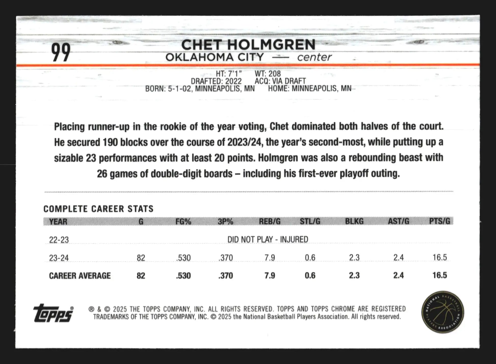 2024-25 Topps Chrome Chet Holmgren #99 Oklahoma City Thunder - Basketball Card Single