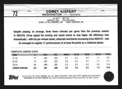2024-25 Topps Chrome Corey Kispert #72 Purple Refractor Wizards - Basketball Card Single