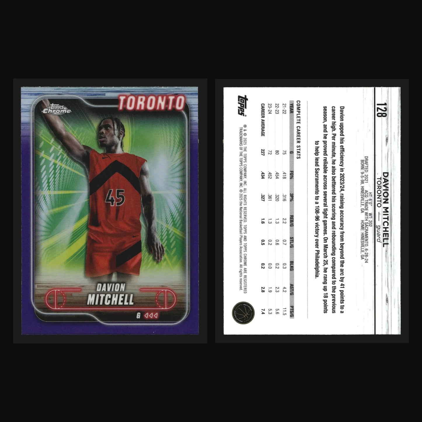 2024-25 Topps Chrome Davion Mitchell #128 Purple Refractor Toronto Raptors - Basketball Card Single
