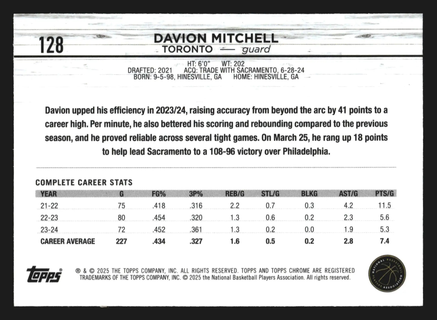 2024-25 Topps Chrome Davion Mitchell #128 Purple Refractor Toronto Raptors - Basketball Card Single