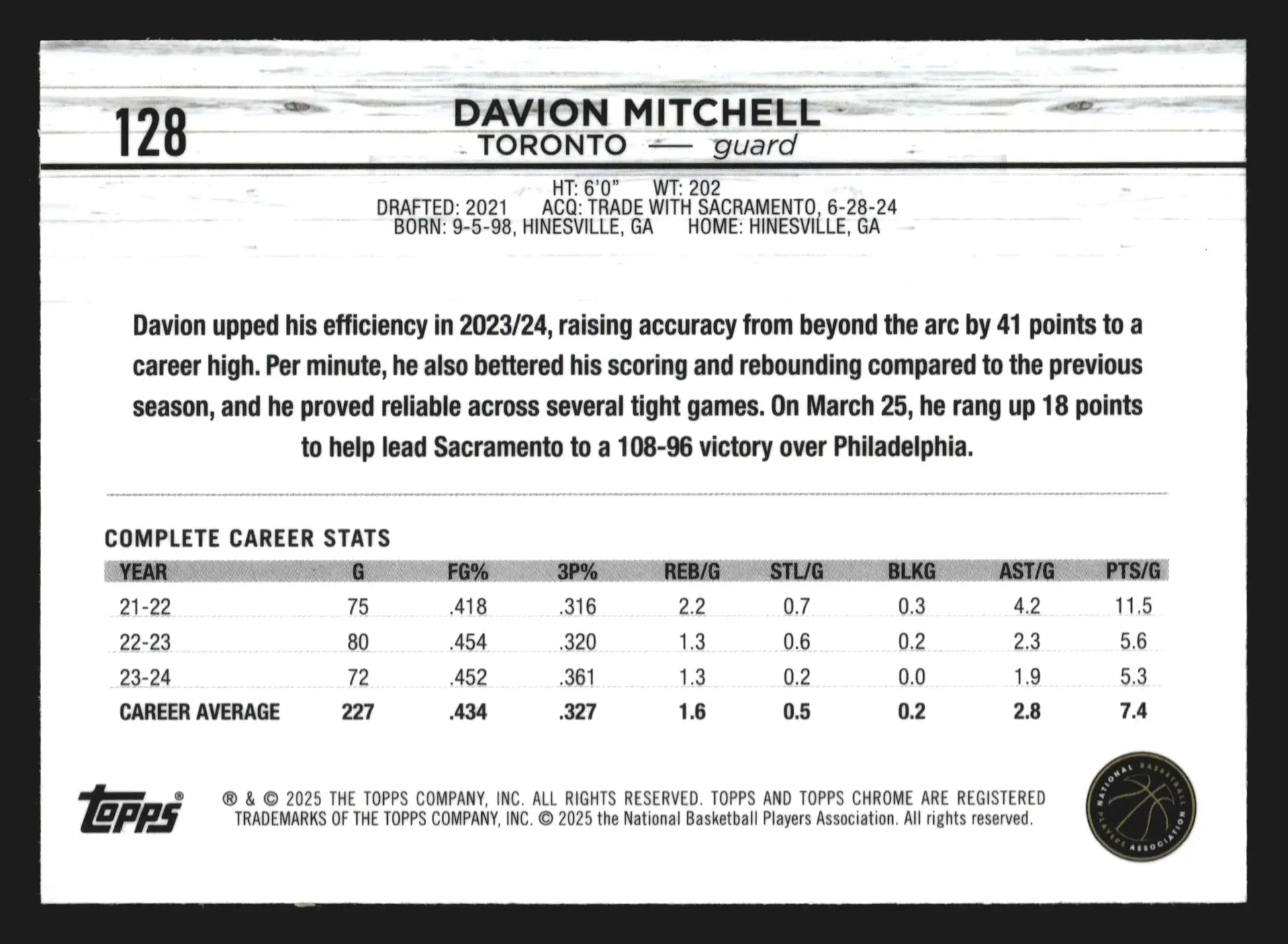 2024-25 Topps Chrome Davion Mitchell #128 Purple Refractor Toronto Raptors - Basketball Card Single