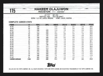 2024-25 Topps Chrome Hakeem Olajuwon #115 Houston Rockets HOF - Basketball Card Single