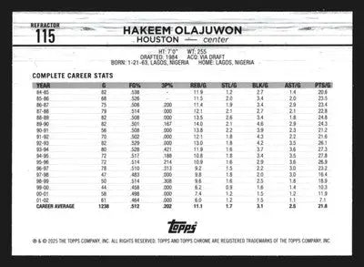 2024-25 Topps Chrome Hakeem Olajuwon #115 Refractor Rockets HOF - Basketball Card Single
