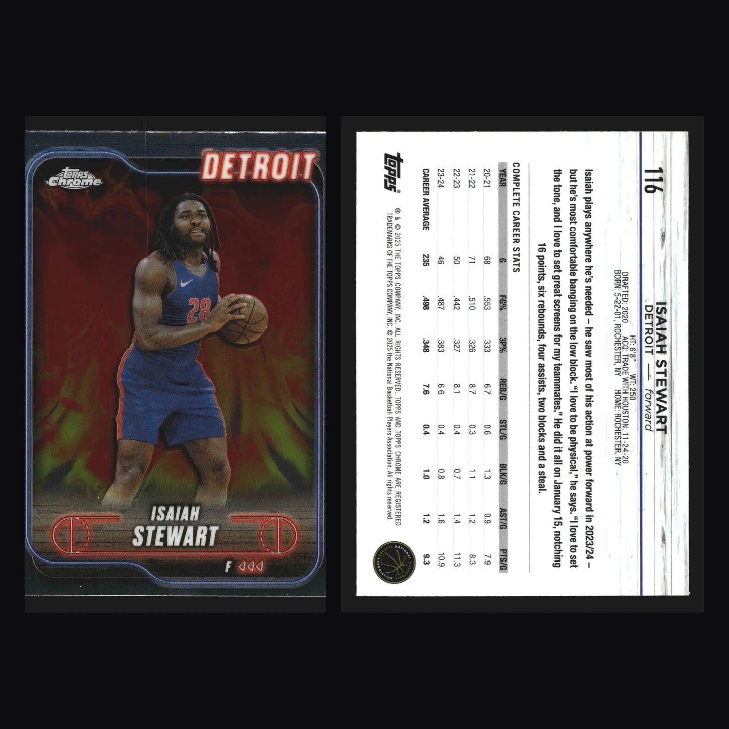 2024-25 Topps Chrome Isaiah Stewart #116 Detroit Pistons