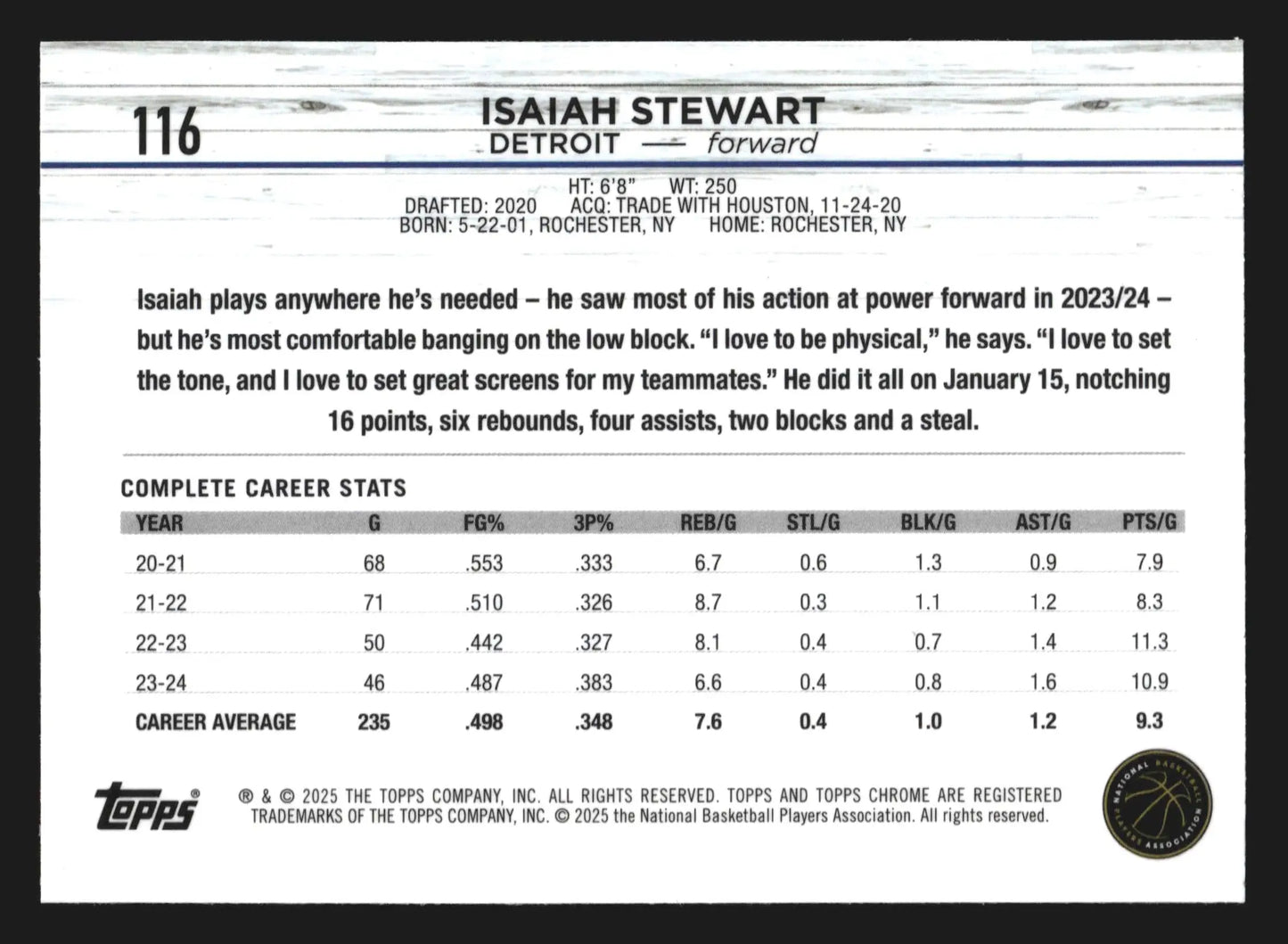 2024-25 Topps Chrome Isaiah Stewart #116 Detroit Pistons