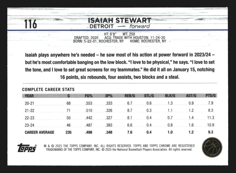 2024-25 Topps Chrome Isaiah Stewart #116 Detroit Pistons