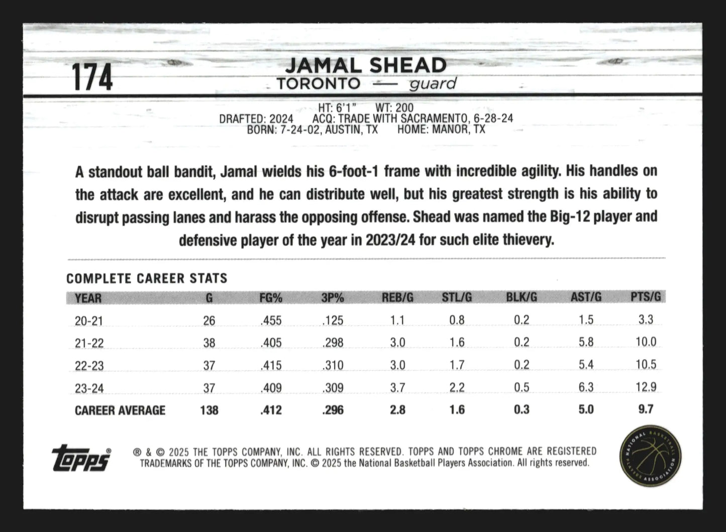 2024-25 Topps Chrome Jamal Shead #174 Prism Refractor RC Toronto Raptors - Basketball Card Single