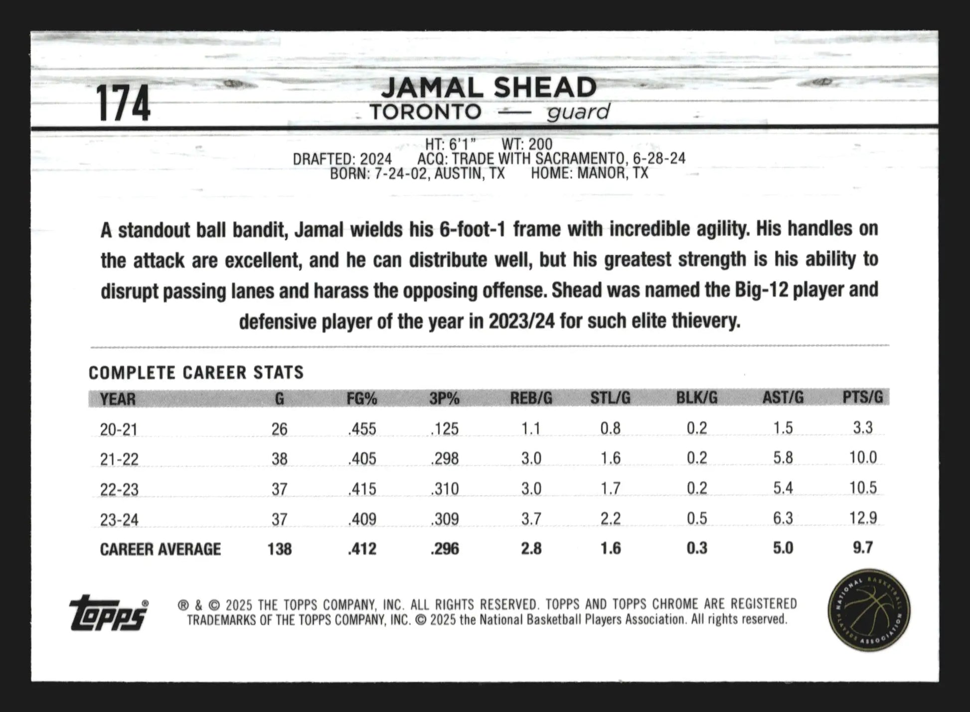 2024-25 Topps Chrome Jamal Shead #174 Prism Refractor RC Toronto Raptors - Basketball Card Single