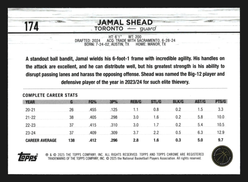 2024-25 Topps Chrome Jamal Shead #174 Prism Refractor RC Toronto Raptors - Basketball Card Single