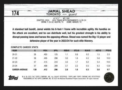 2024-25 Topps Chrome Jamal Shead #174 RC Toronto Raptors Rookie - Basketball Card Single