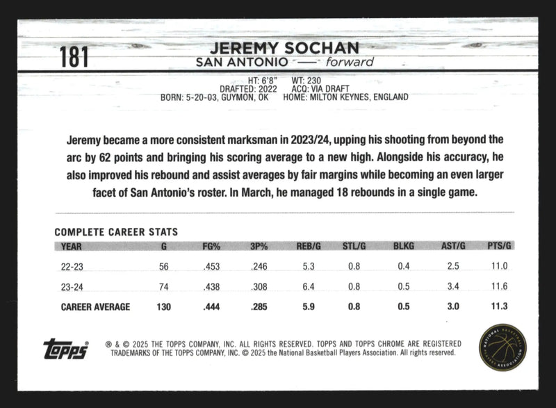 2024-25 Topps Chrome Jeremy Sochan #181 San Antonio Spurs - Basketball Card Single