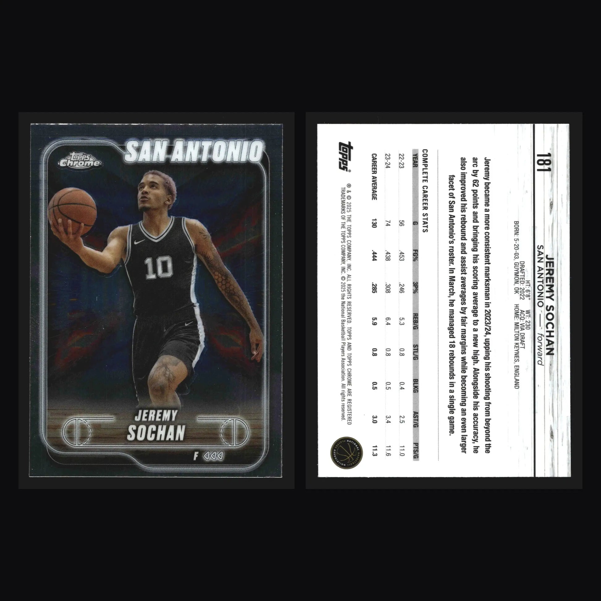 2024-25 Topps Chrome Jeremy Sochan #181 San Antonio Spurs - Basketball Card Single