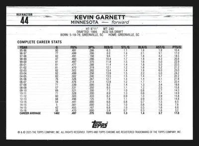 2024-25 Topps Chrome Kevin Garnett #44 Refractor Timberwolves HOF - Basketball Card Single
