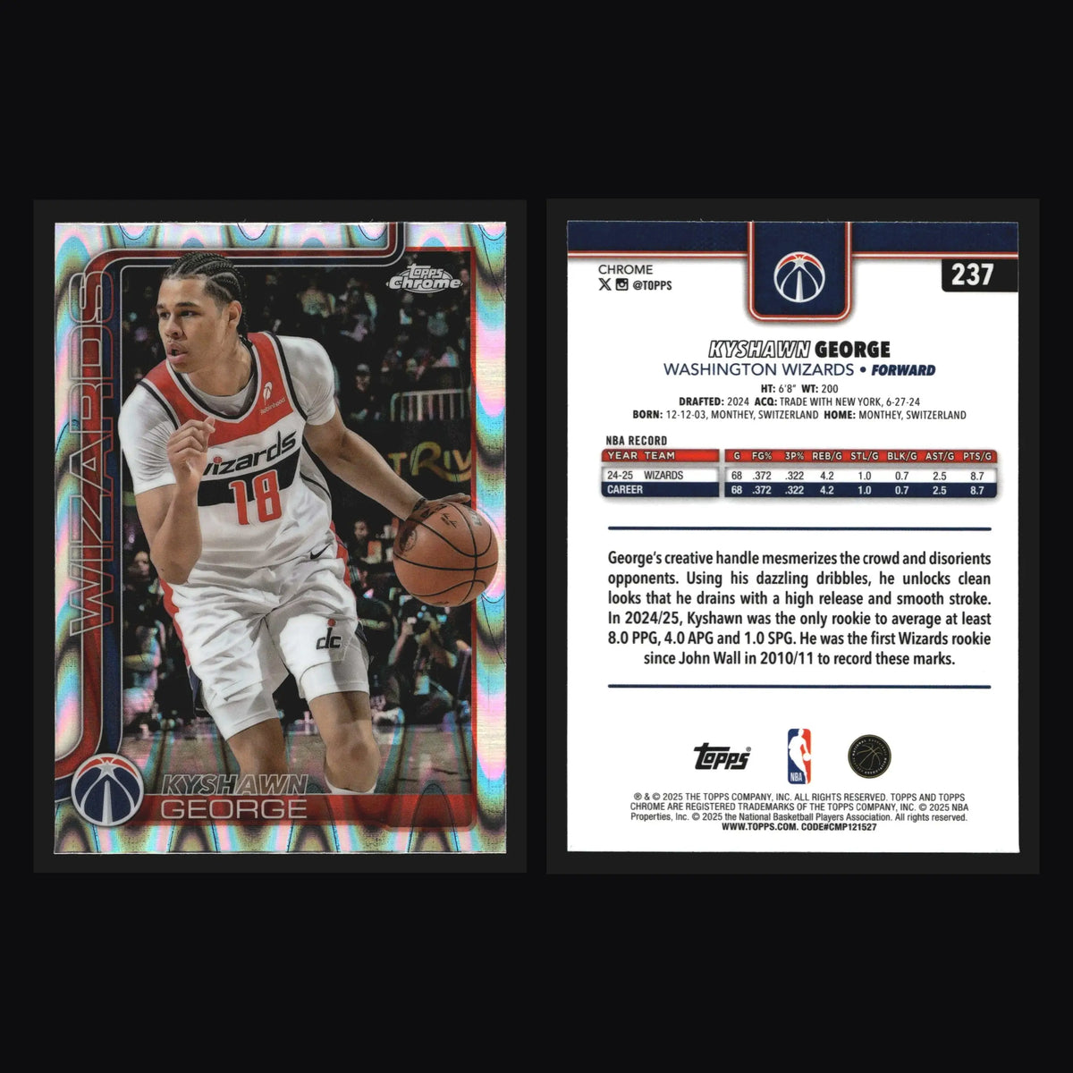 2024-25 Topps Chrome Kyshawn George #237 Raywave Refractor RC Wizards - Basketball Card Single