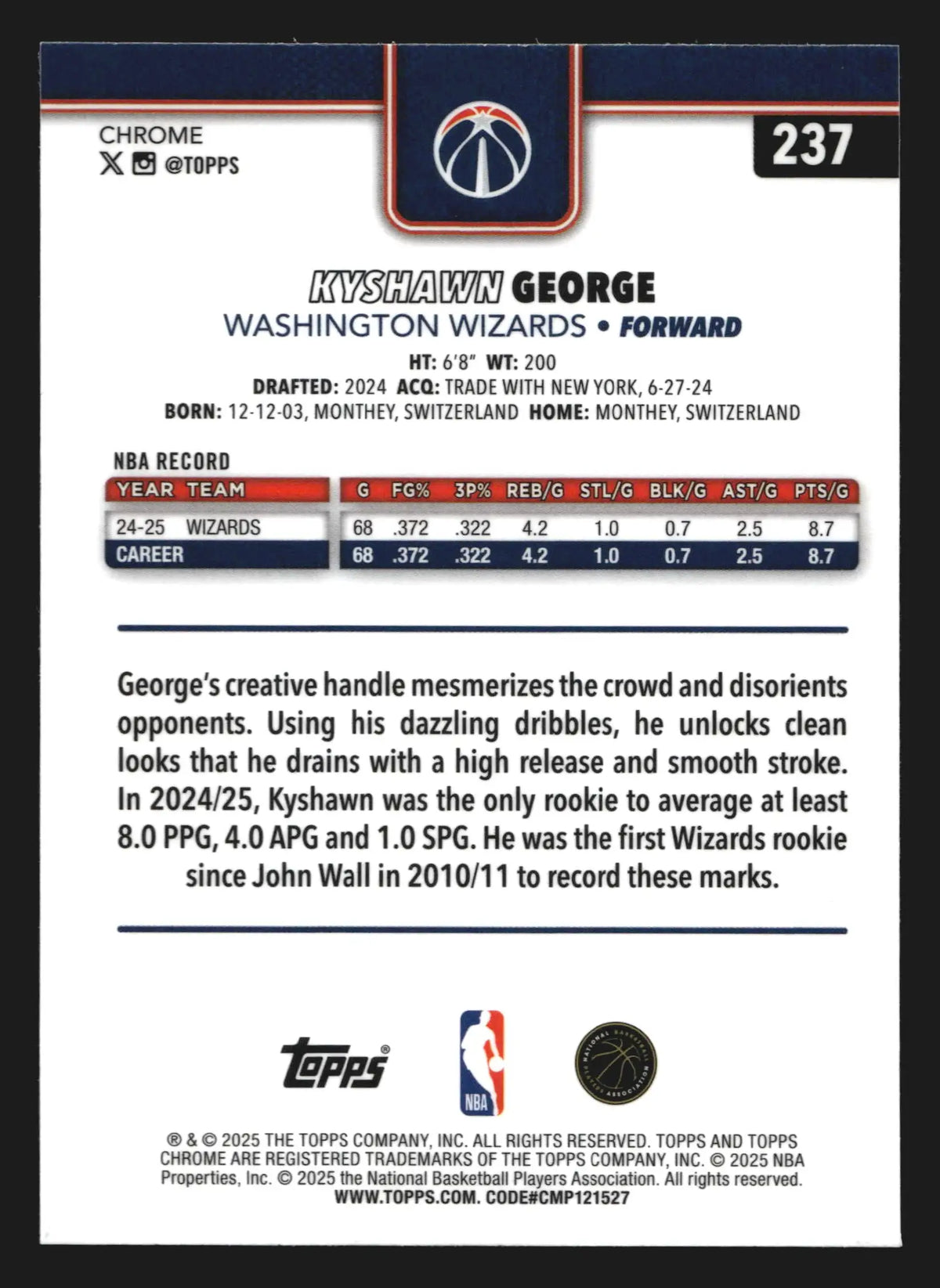 2024-25 Topps Chrome Kyshawn George #237 Raywave Refractor RC Wizards - Basketball Card Single
