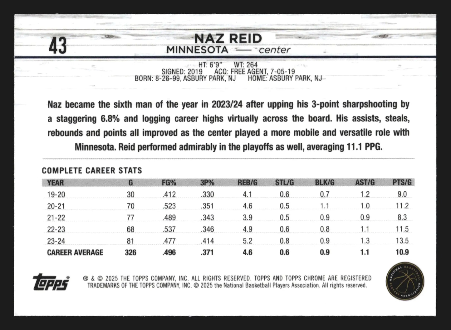 2024-25 Topps Chrome Naz Reid #43 Minnesota Timberwolves - Basketball Card Single