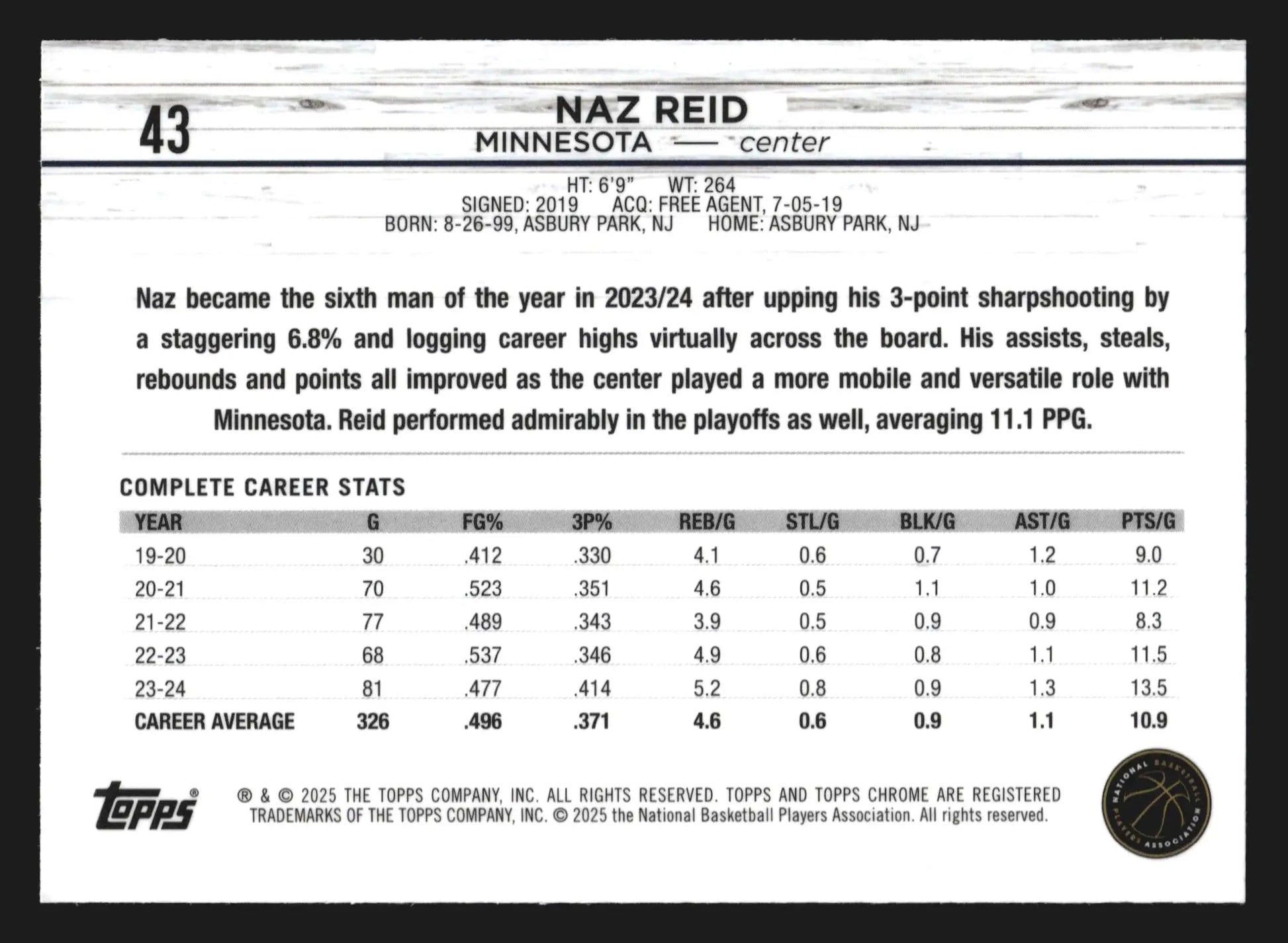 2024-25 Topps Chrome Naz Reid #43 Minnesota Timberwolves - Basketball Card Single