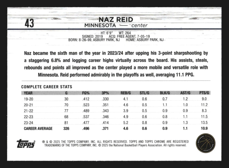 2024-25 Topps Chrome Naz Reid #43 Minnesota Timberwolves - Basketball Card Single