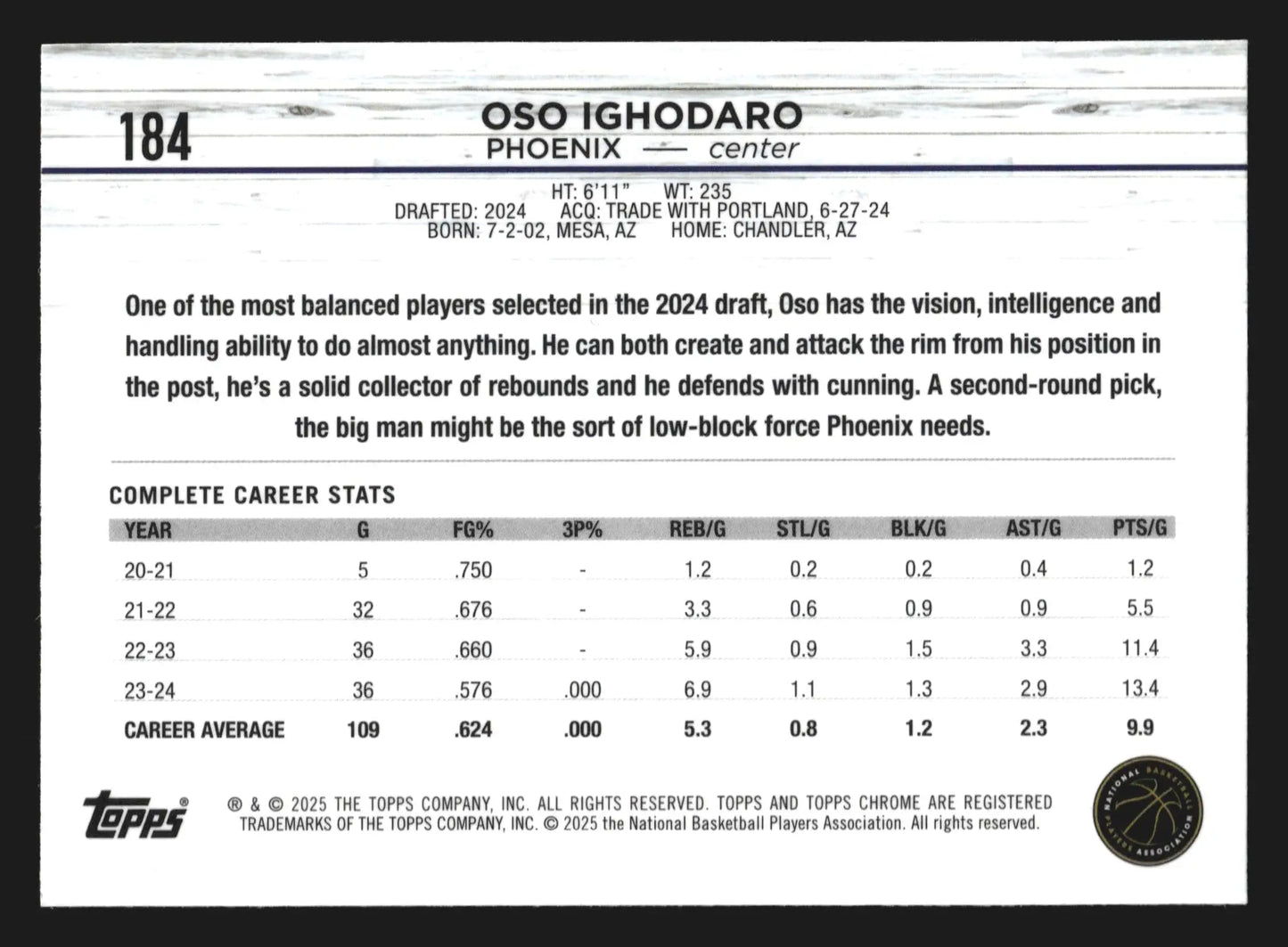 2024-25 Topps Chrome Oso Ighodaro #184 RC Phoenix Suns - Basketball Card Single