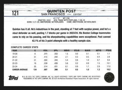 2024-25 Topps Chrome Quinten Post #121 RC Golden State Warriors - Basketball Card Single