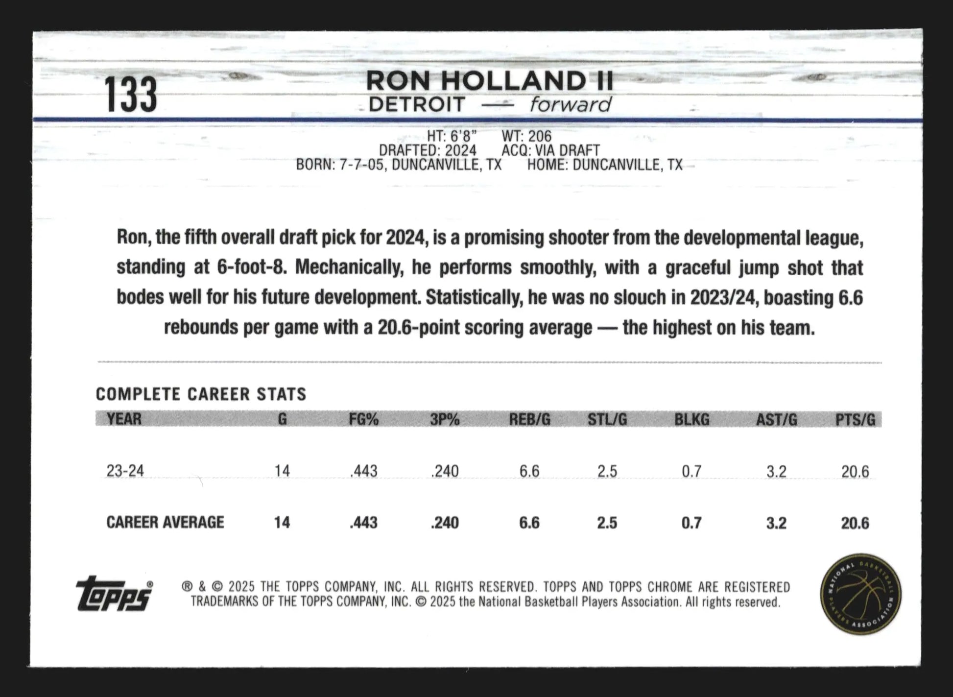 2024-25 Topps Chrome Ron Holland II #133 RC Detroit Pistons Rookie