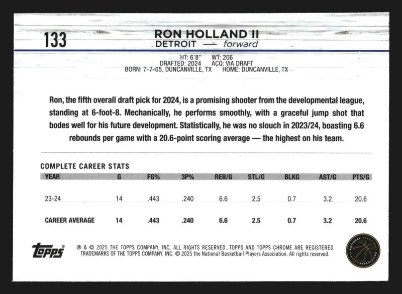 2024-25 Topps Chrome Ron Holland II #133 RC Detroit Pistons Rookie