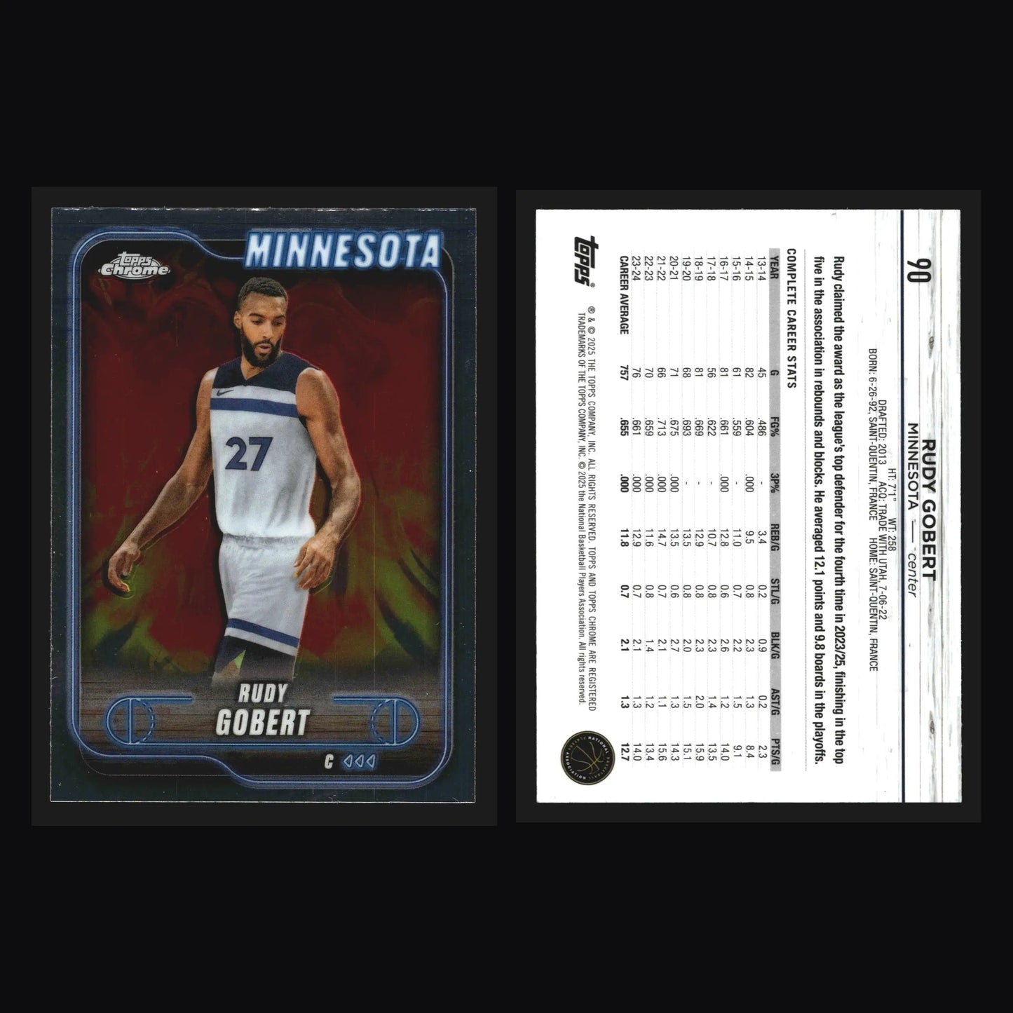 2024-25 Topps Chrome Rudy Gobert #90 Minnesota Timberwolves - Basketball Card Single