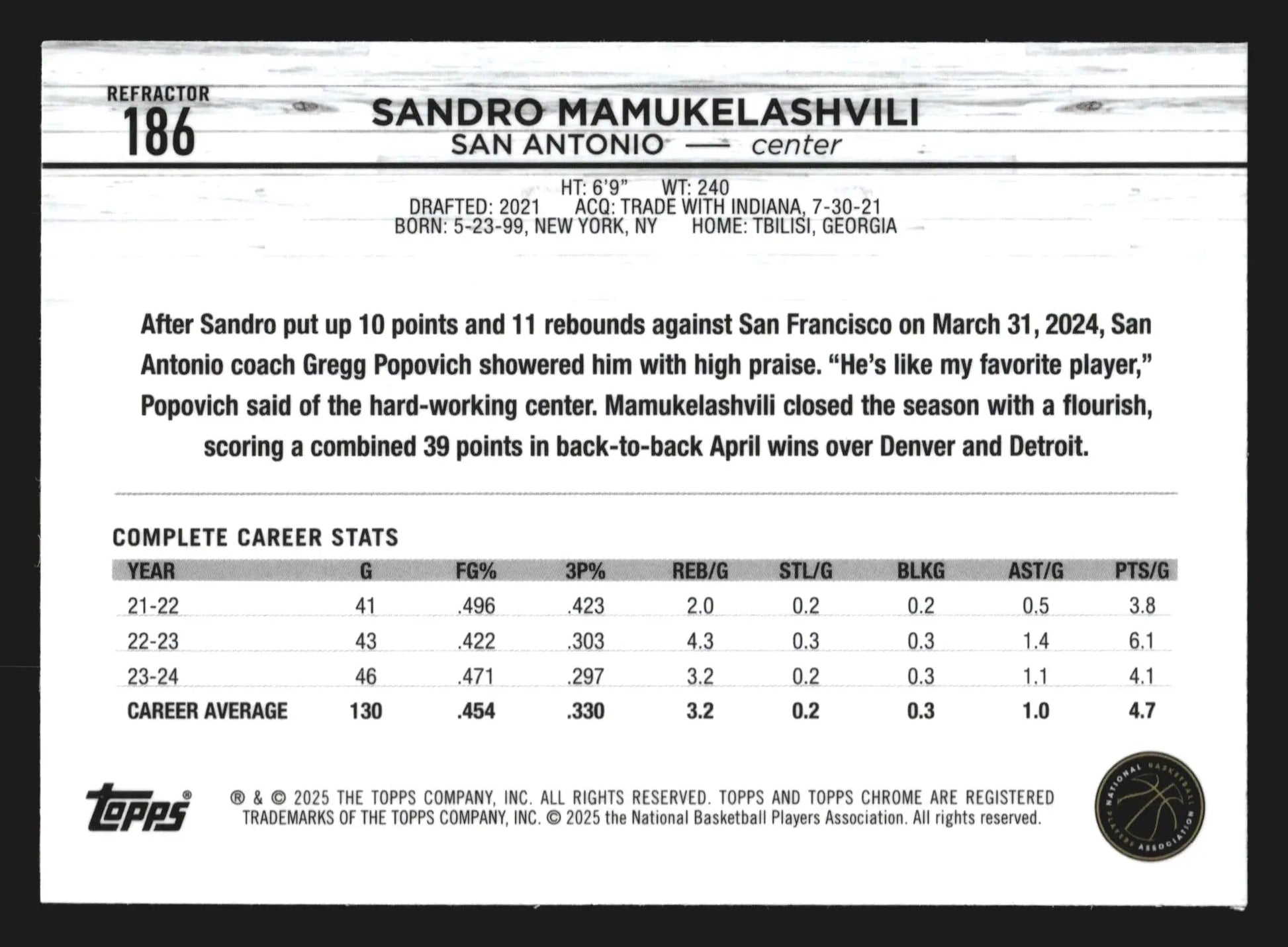 2024-25 Topps Chrome Sandro Mamukelashvili #186 Refractor Spurs - Basketball Card Single