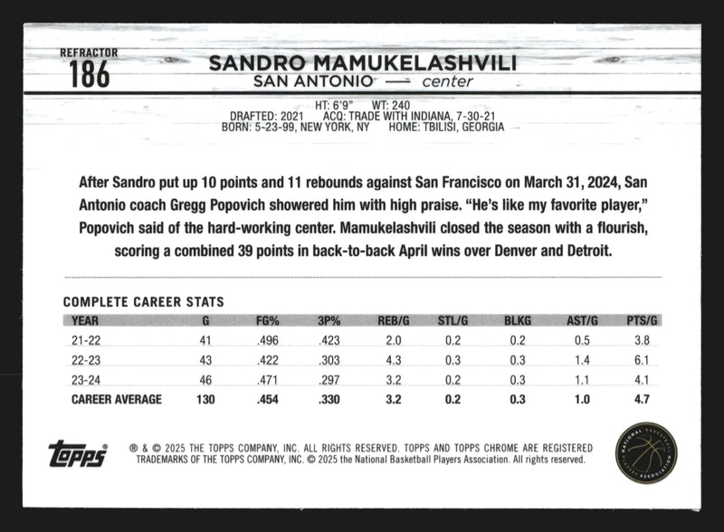 2024-25 Topps Chrome Sandro Mamukelashvili #186 Refractor Spurs - Basketball Card Single
