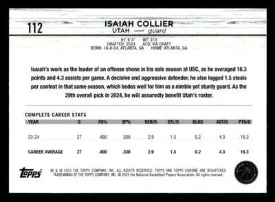 2024-25 Topps Chrome Sapphire #112 Isaiah Collier Base RC Utah Jazz - Basketball Card Single
