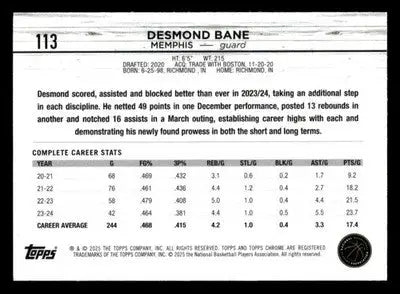 2024-25 Topps Chrome Sapphire #113 Desmond Bane Base Memphis Grizzlies - Basketball Card Single