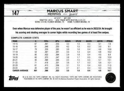 2024-25 Topps Chrome Sapphire #147 Marcus Smart - Basketball Card Single