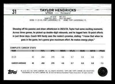 2024-25 Topps Chrome Sapphire #31 Taylor Hendricks - Basketball Card Single