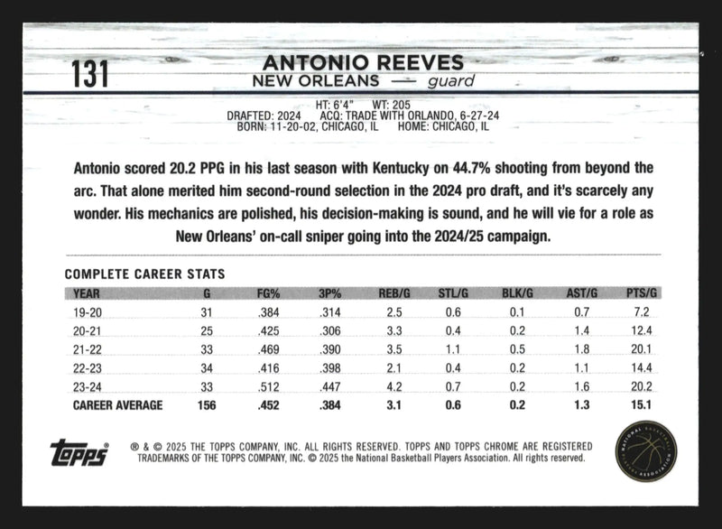 2024-25 Topps Chrome Sapphire Antonio Reeves #131 RC Pelicans Rookie