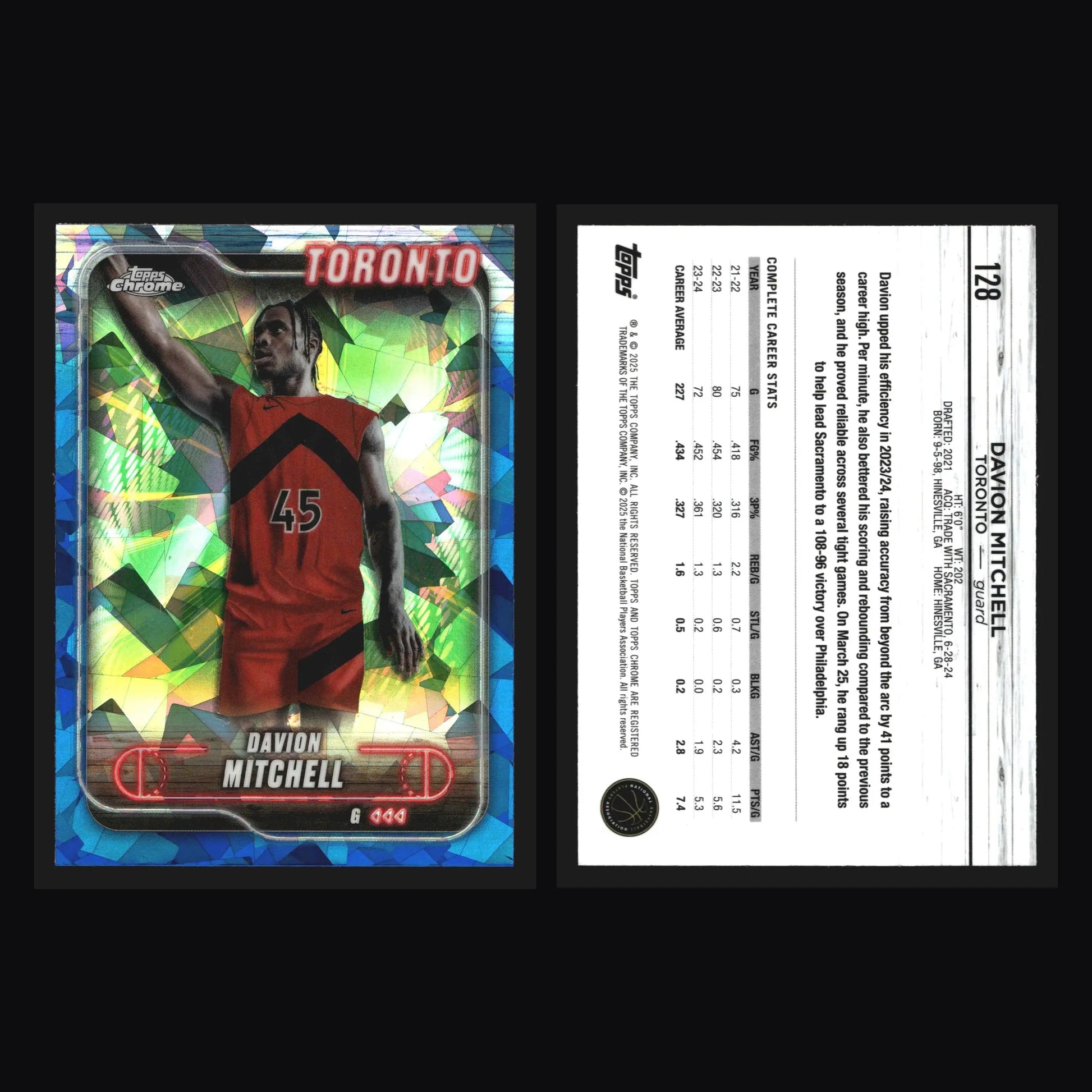 2024-25 Topps Chrome Sapphire Davion Mitchell #128 Toronto Raptors - Basketball Card Single