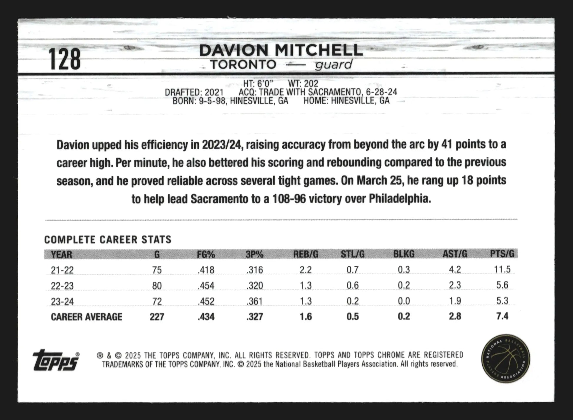 2024-25 Topps Chrome Sapphire Davion Mitchell #128 Toronto Raptors - Basketball Card Single