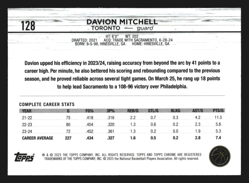 2024-25 Topps Chrome Sapphire Davion Mitchell #128 Toronto Raptors - Basketball Card Single