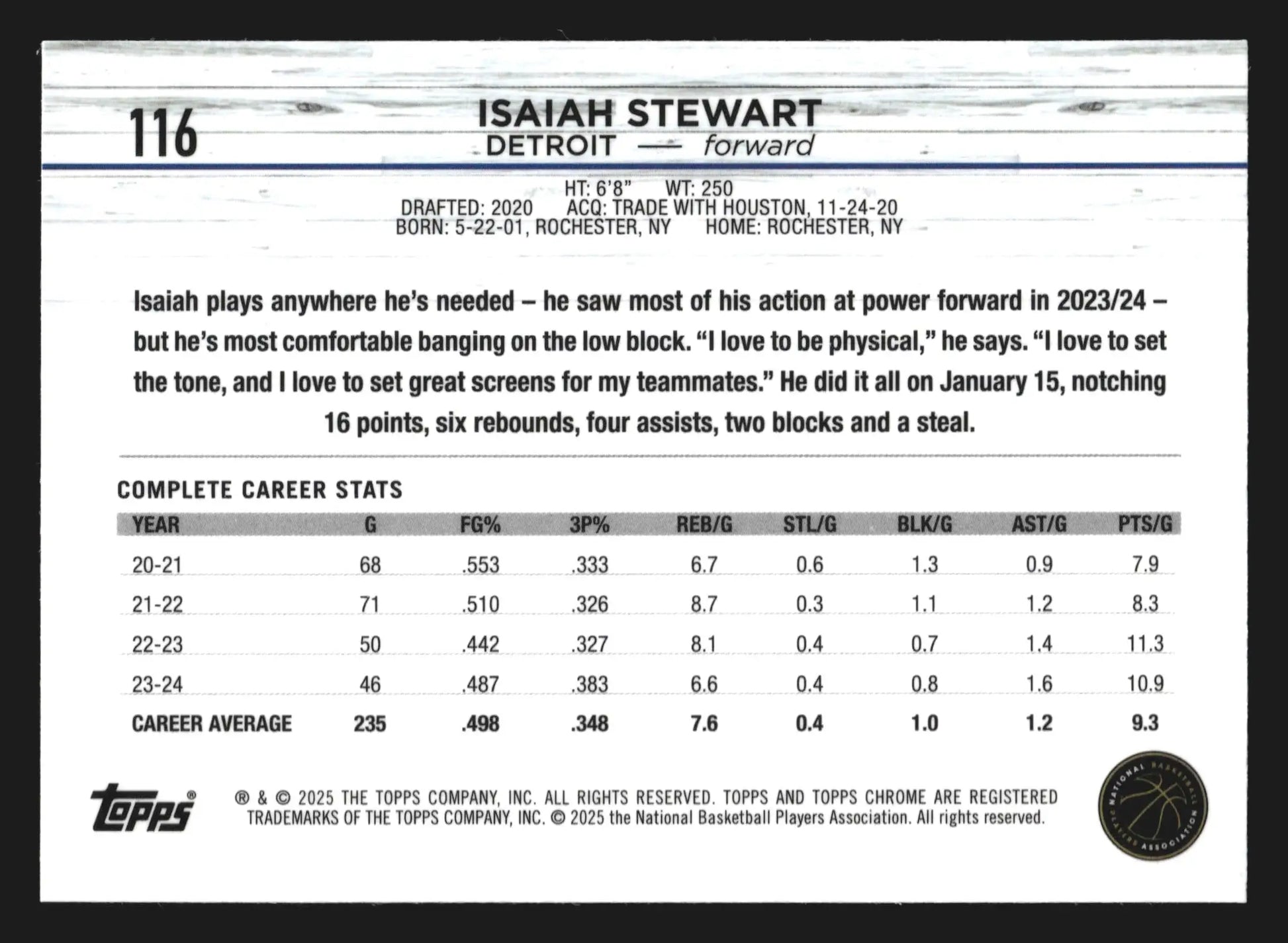 2024-25 Topps Chrome Sapphire Isaiah Stewart #116 Detroit Pistons