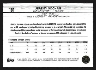 2024-25 Topps Chrome Sapphire Jeremy Sochan #181 San Antonio Spurs - Basketball Card Single