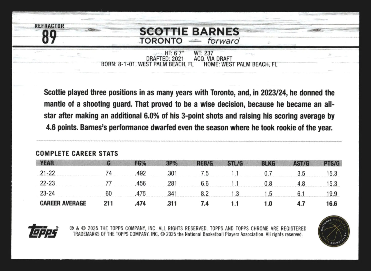 2024-25 Topps Chrome Scottie Barnes #89 Refractor Toronto Raptors