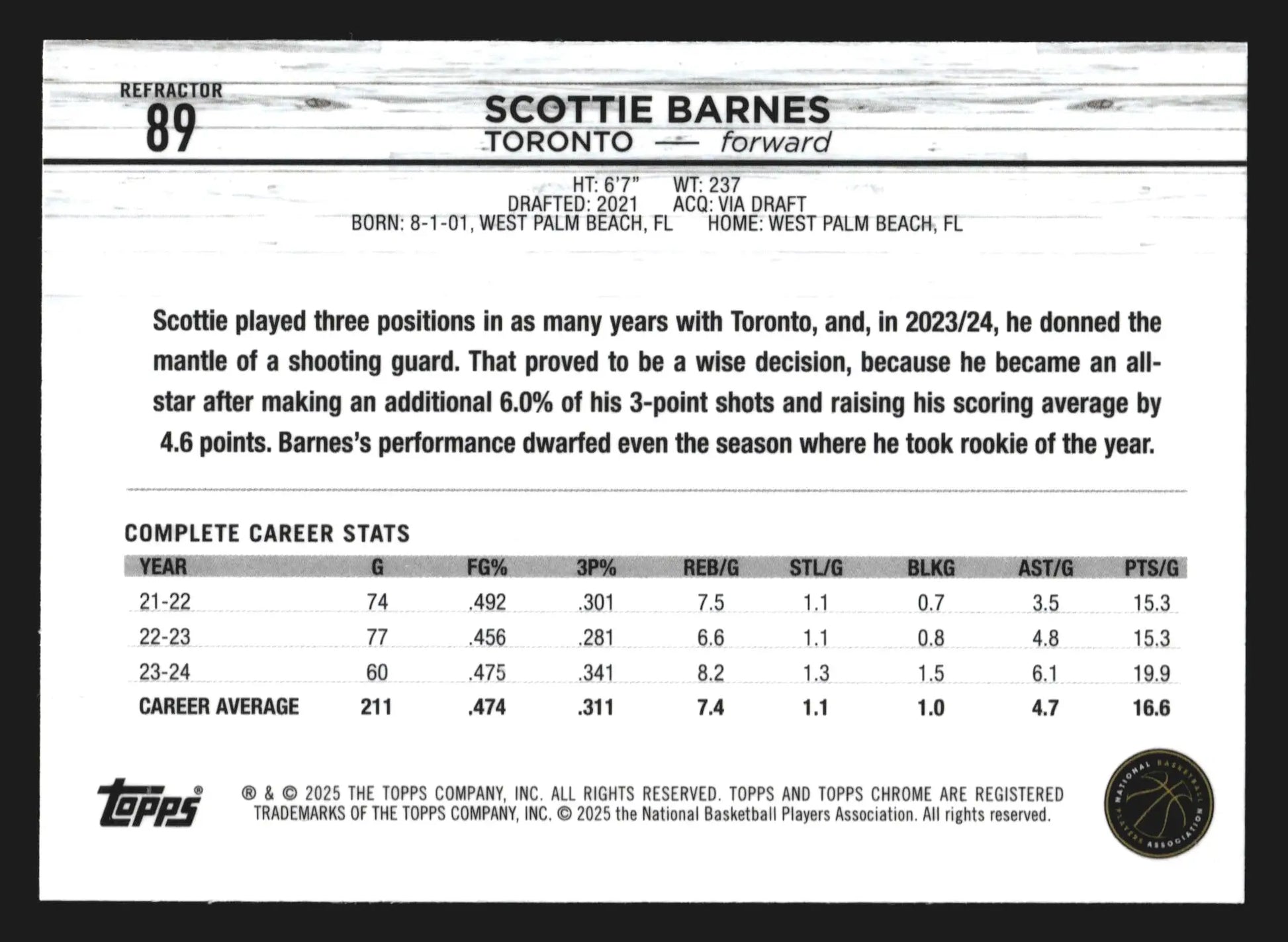 2024-25 Topps Chrome Scottie Barnes #89 Refractor Toronto Raptors