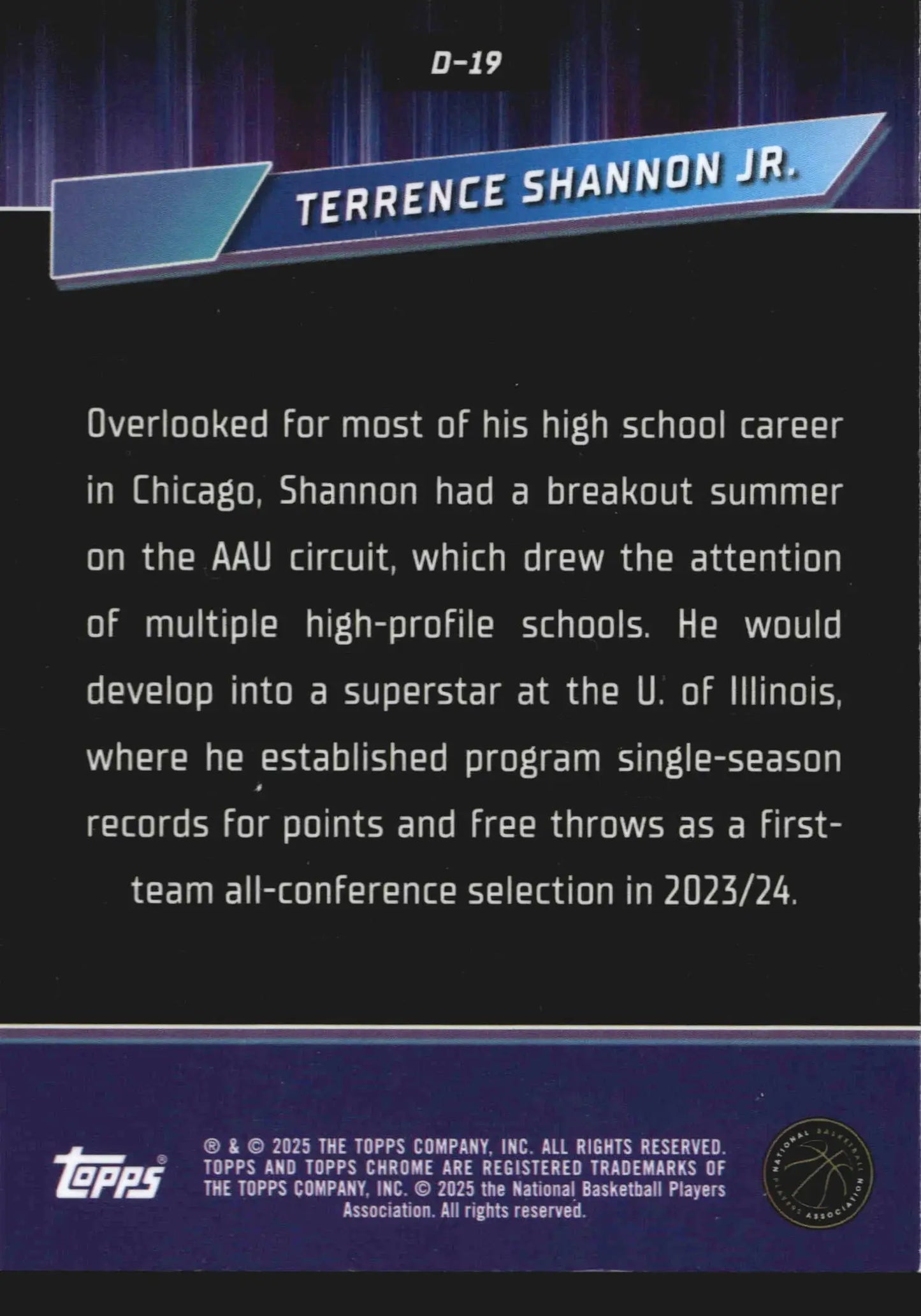 2024-25 Topps Chrome Terrence Shannon Jr. #D-19 Destiny RC Wolves - Basketball Card Single