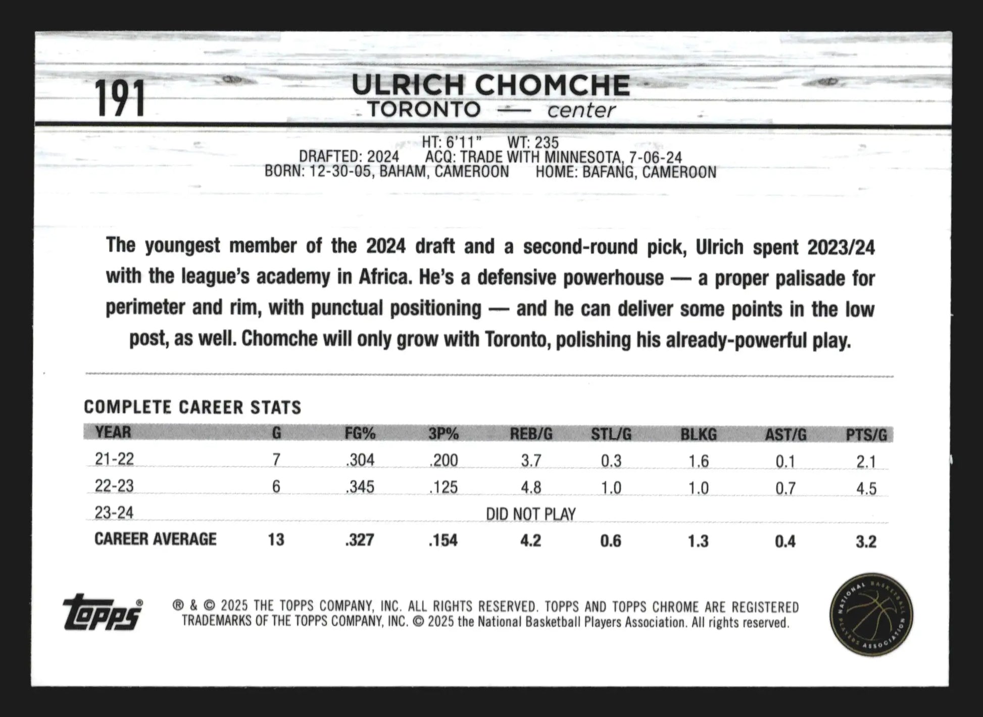 2024-25 Topps Chrome Ulrich Chomche #191 Blue Basketball Refractor Raptors RC