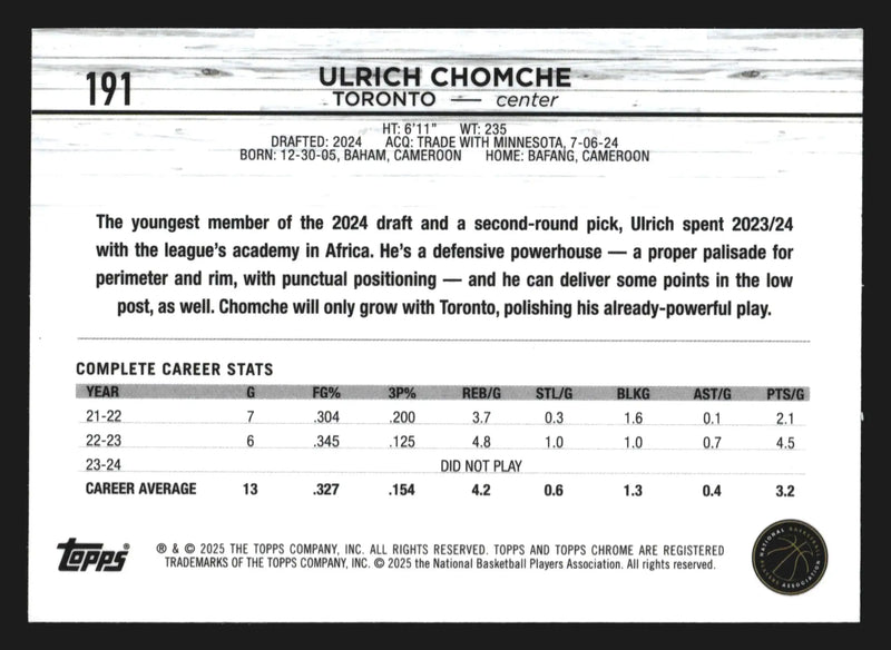 2024-25 Topps Chrome Ulrich Chomche #191 Blue Basketball Refractor Raptors RC