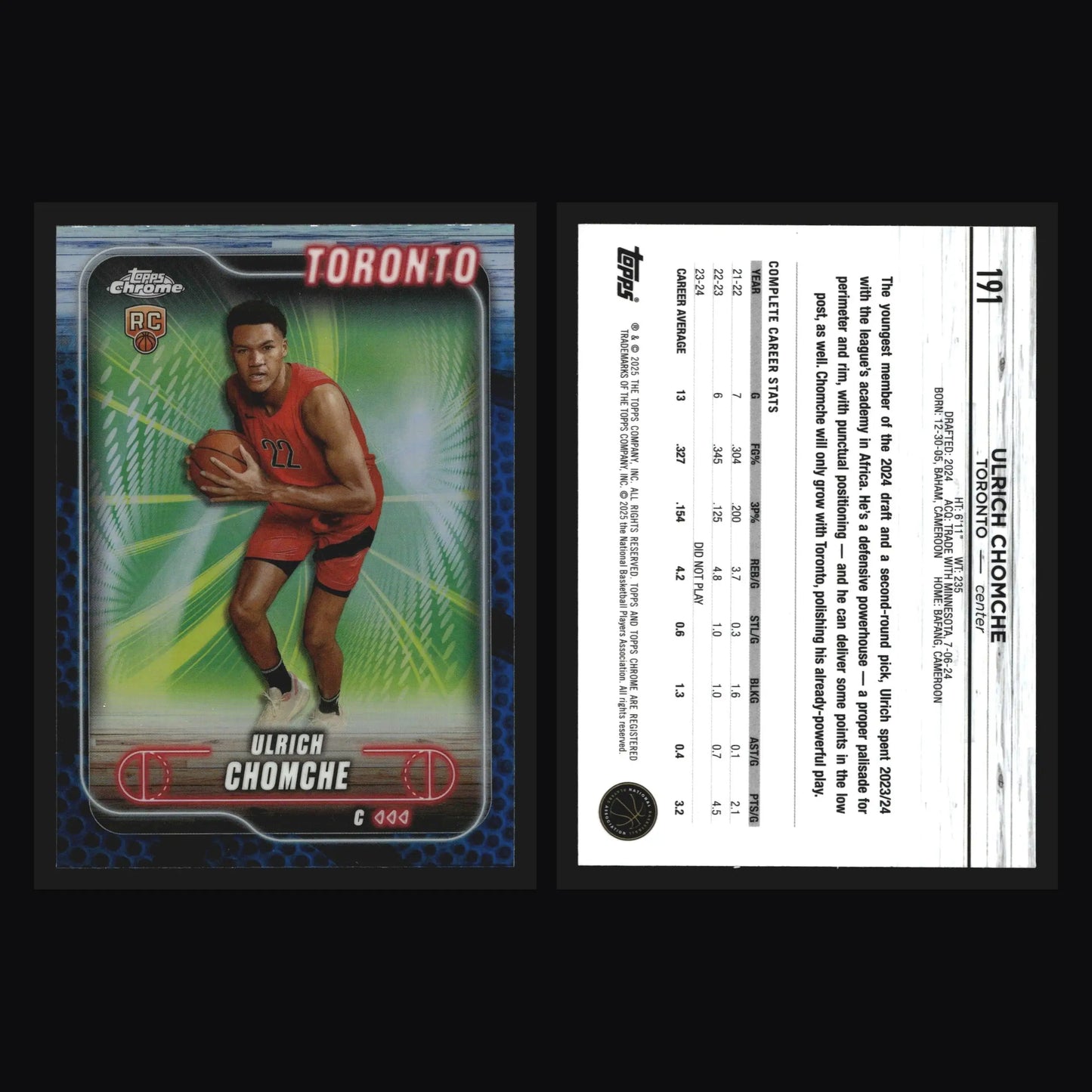 2024-25 Topps Chrome Ulrich Chomche #191 Blue Basketball Refractor Raptors RC