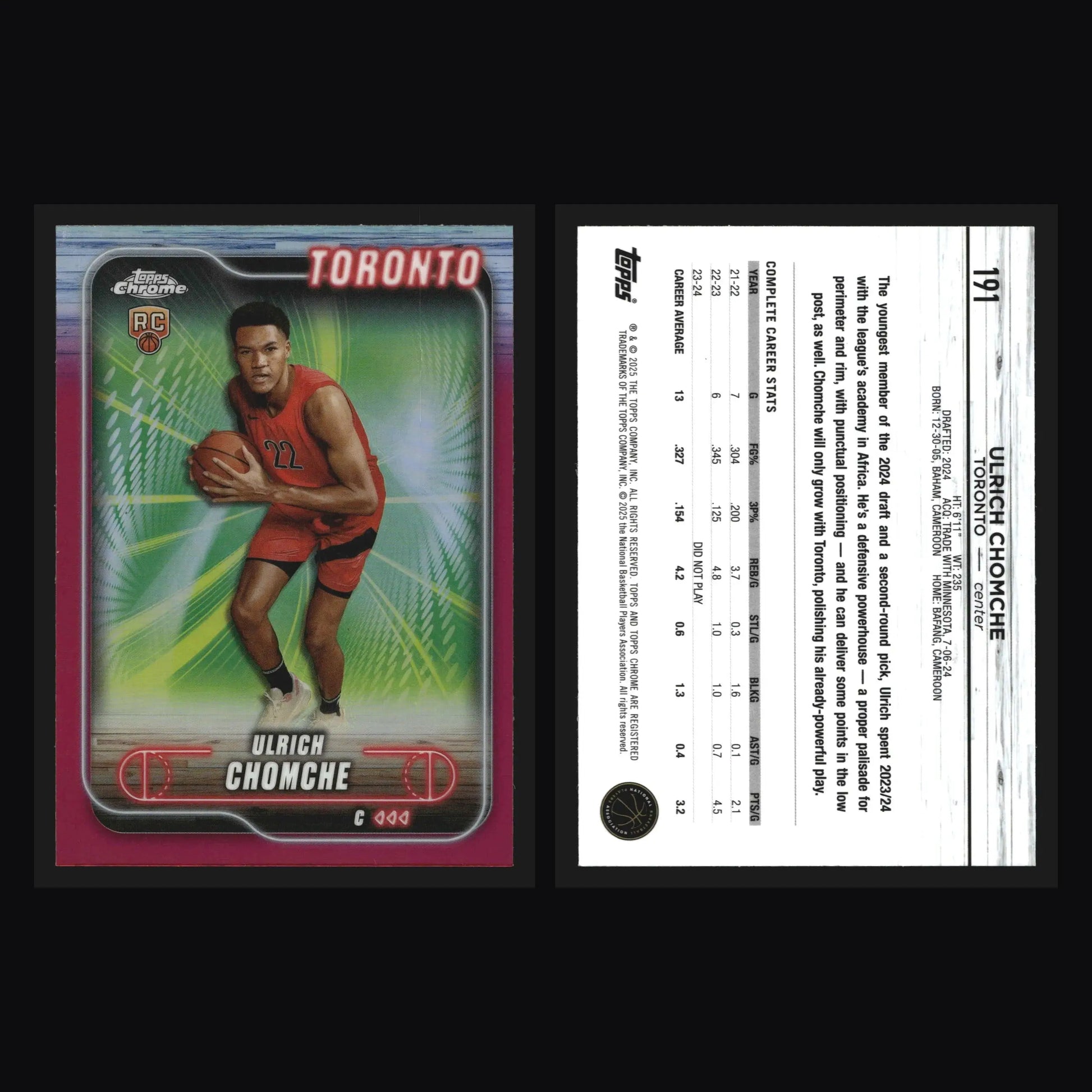 2024-25 Topps Chrome Ulrich Chomche #191 Magenta Refractor Raptors RC
