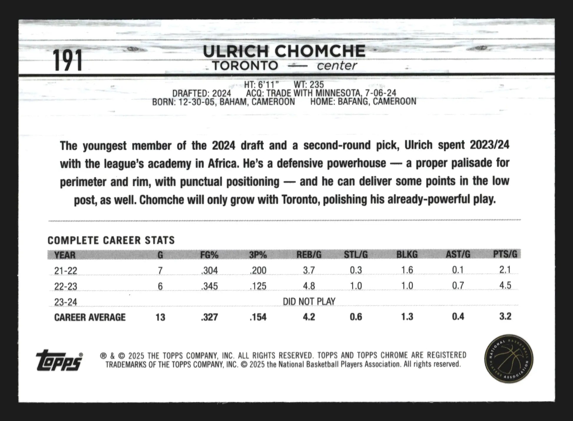 2024-25 Topps Chrome Ulrich Chomche #191 Magenta Refractor Raptors RC